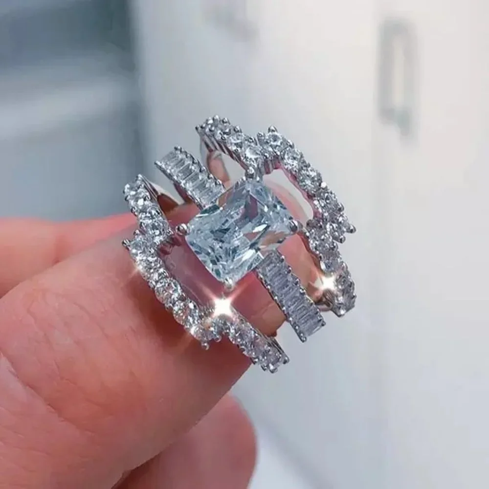 😍3pcs/set Engagement Radiant Cut Silver Wedding Ring Set for Women, L259